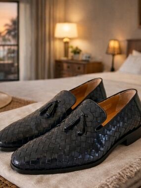 Navy Woven Leather Tassel Slip-On Loafers